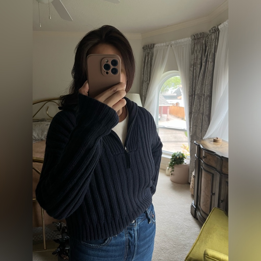 Naked Cashmere Navy Blue Ribbed 3/4 Zip Collared Sweater